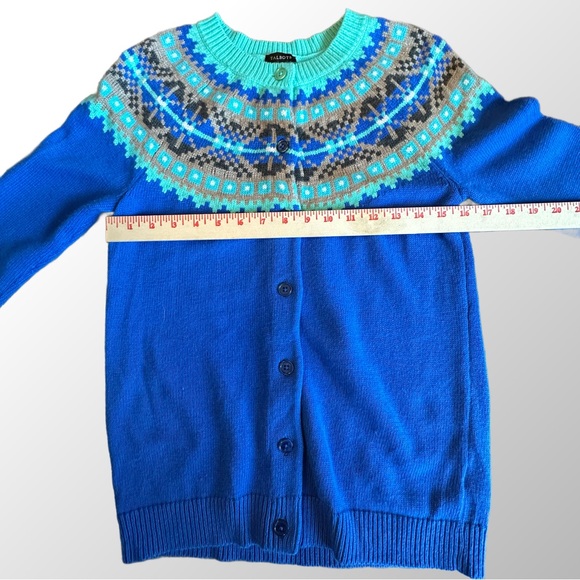 Talbots Royal Blue Green Tan Wool Blend Fair Isle Nordic Cardigan Sweater in XS - Picture 7 of 9